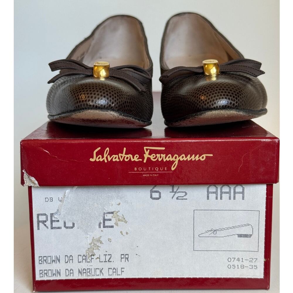 Vintage Salvatore Ferragamo Bow Pumps Brown Lizard Embossed Leather 6.5 AAA